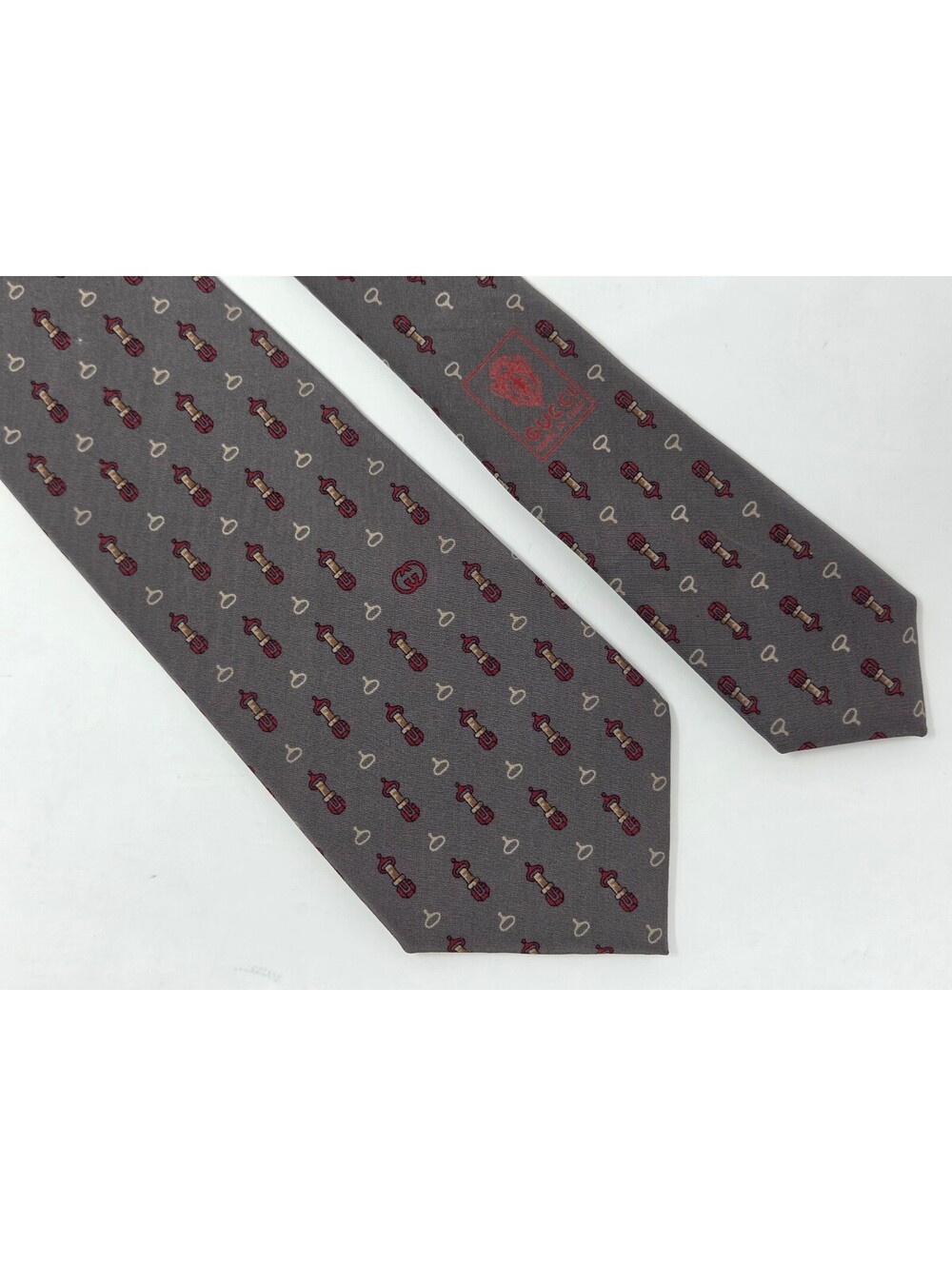 Vintage Gucci Italy Silk Tie Gray Red Equestrian 3.5" x 55"